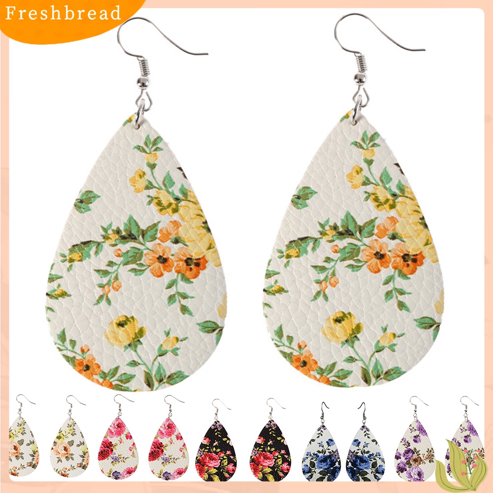 &lt; Freshbread &gt; Boho Wanita Motif Bunga Teardrop Menjuntai Kulit Imitasi Kait Anting Perhiasan