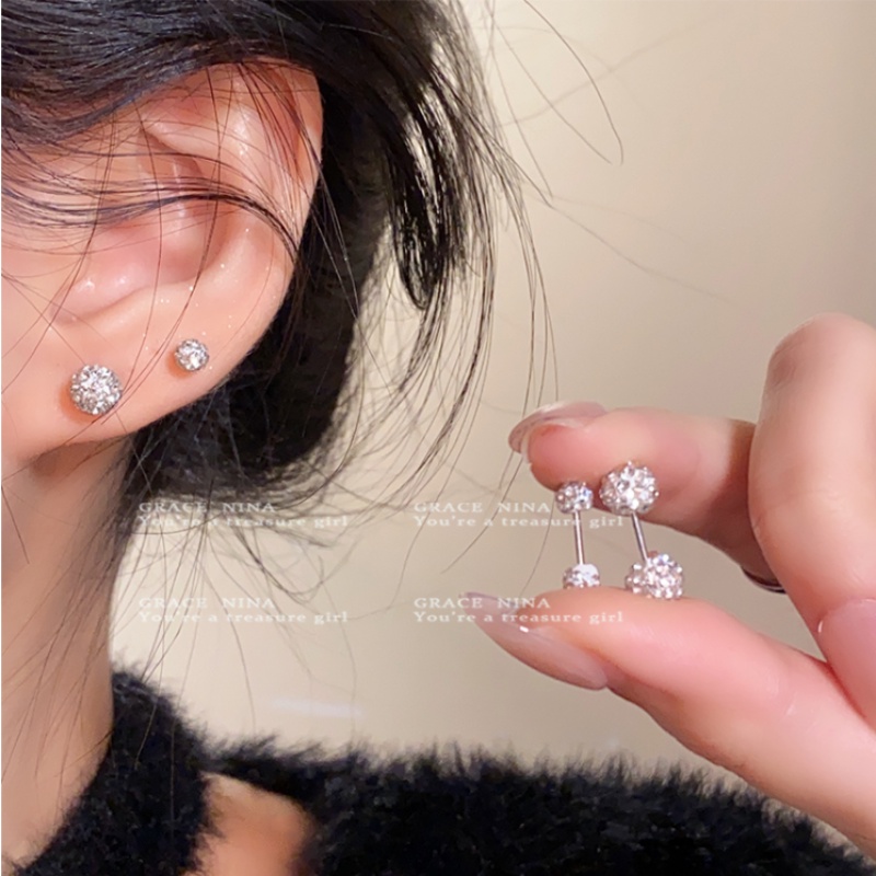 Kami Bunga 1 Pc Elegan S925 Perak Bling Bling Zirkon Bola Sekrup Anting Untuk Wanita Perempuan Ditindik Halus Dua Bola Kecil Stud Earring Hypoallergenic Telinga Perhiasan Aksesoris