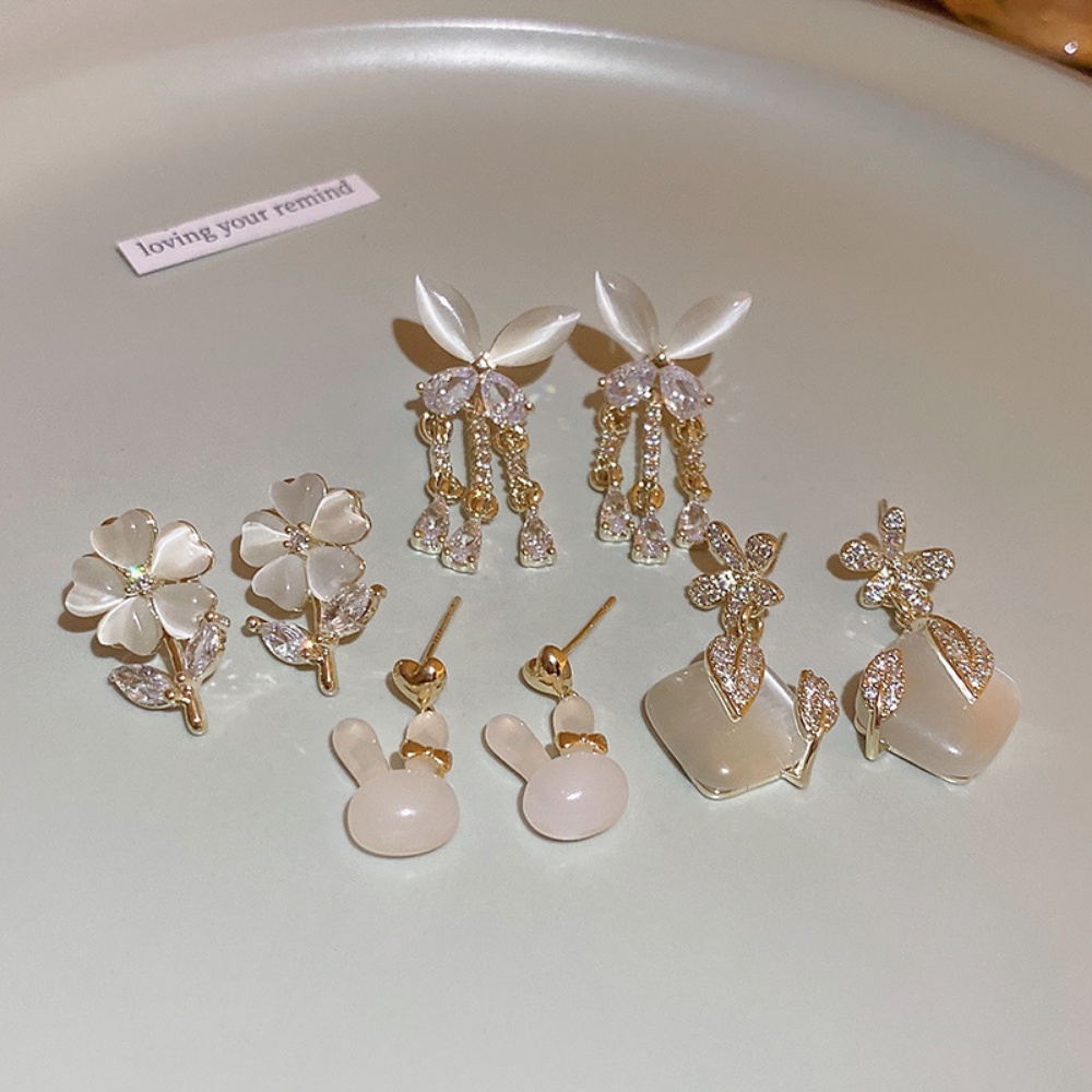 Deartiara Korea Fashion Bunga Busur Hati Kelinci Opal Anting Baru Mewah Elegan Gaya Earrings