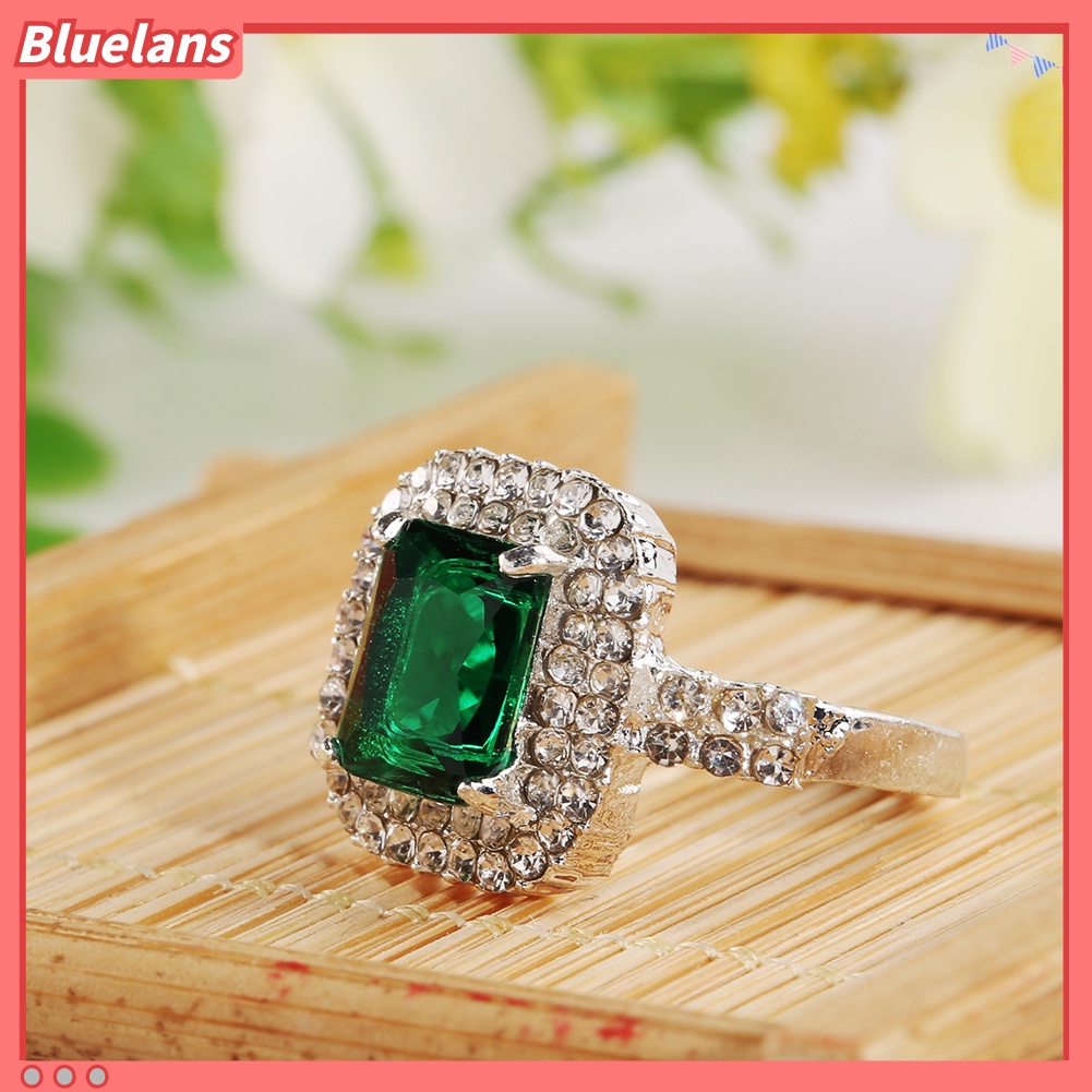 {In Stock} Wanita Zirkon Hijau Perak Disepuh Cincin Fashion Pernikahan Bague Perhiasan Hadiah