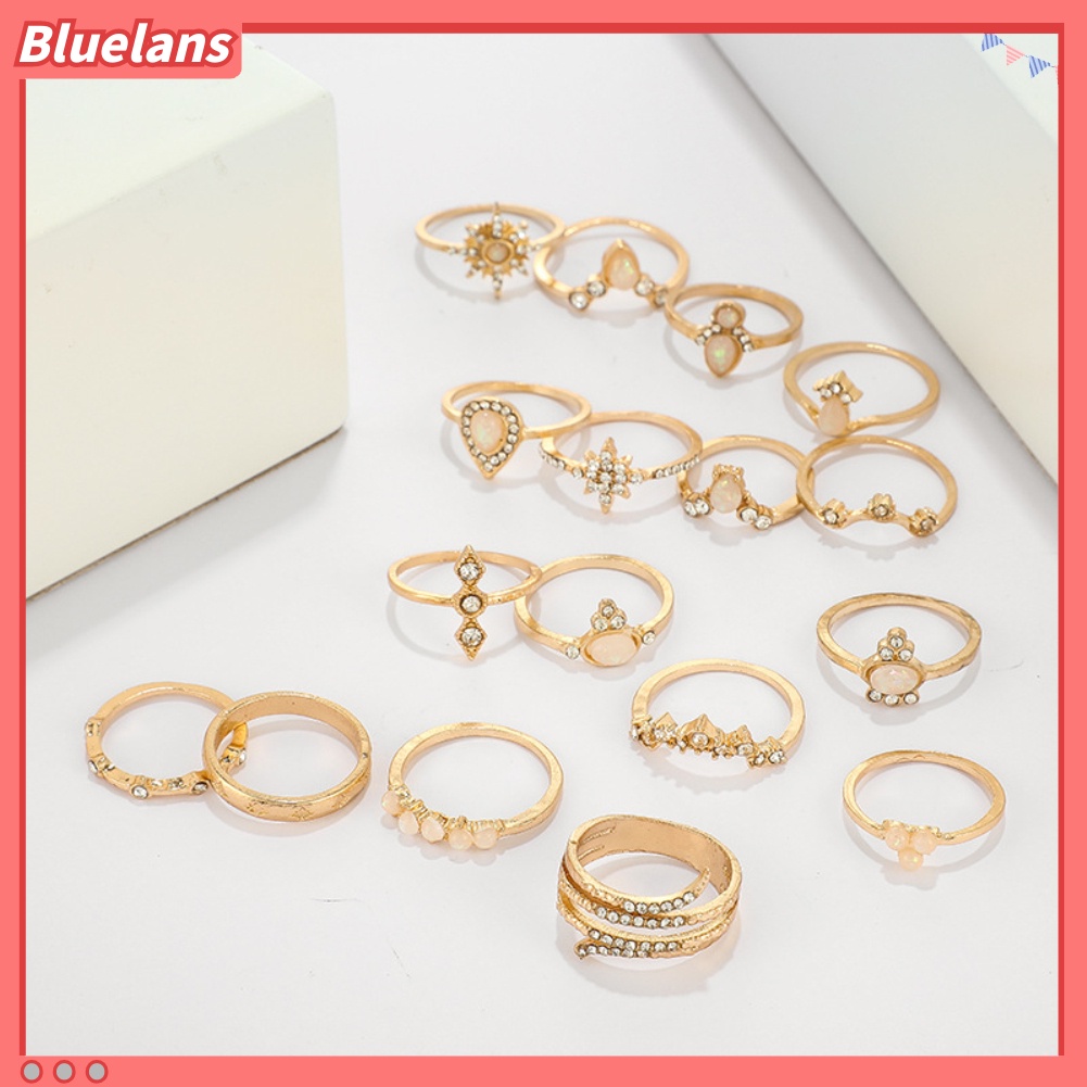 {In Stock} 17Pcs/Set Bohemian Wanita Berlian Imitasi Hias Bunga Jari Cincin Pesta Perhiasan Hadiah