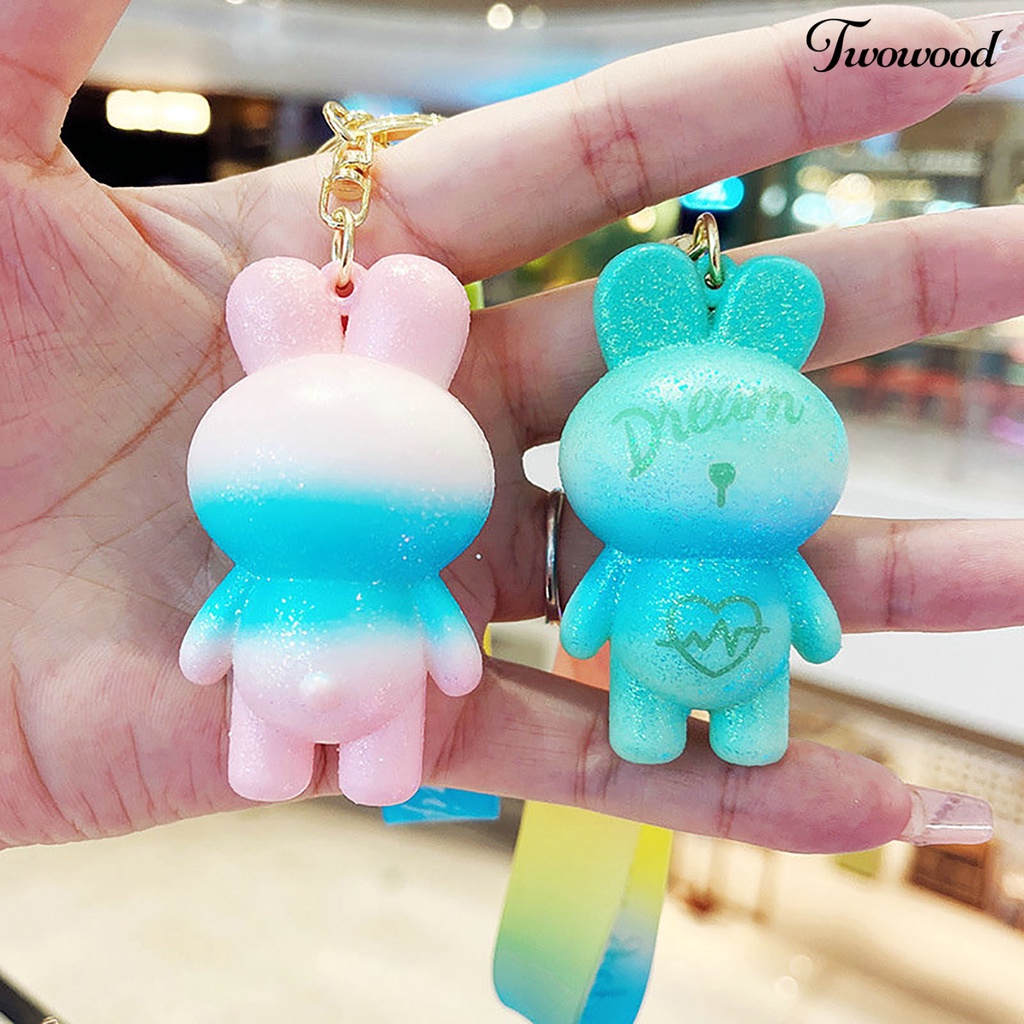 Twowood Rabbit Keychain Warna Gradien Cinta Hati 3D Boneka Silikon Hewan Lucu Bunny Car Key Ring Liontin Mahasiswa Ransel Ornamen