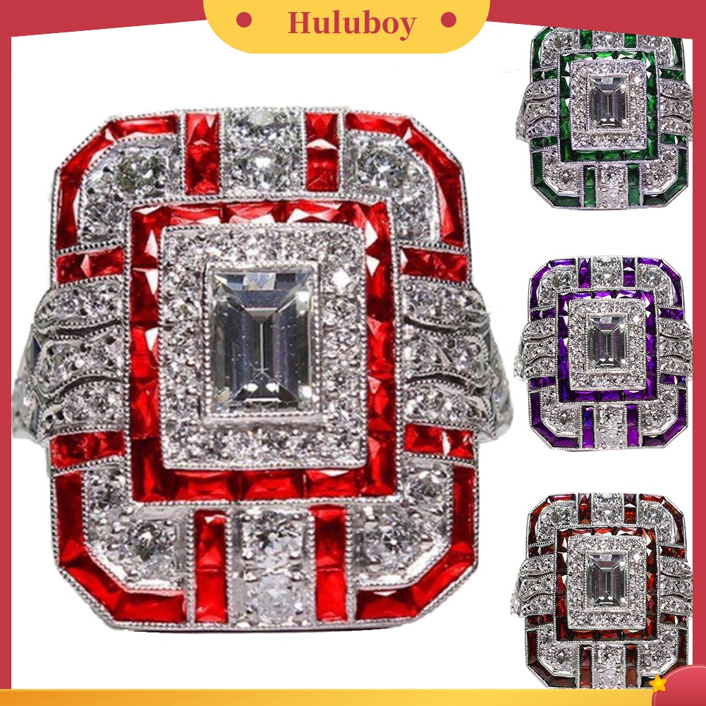 {Ready Stock} Pernikahan Pertunangan Wanita Retro Cubic Zirconia Bertatahkan Perhiasan Cincin Jari Persegi