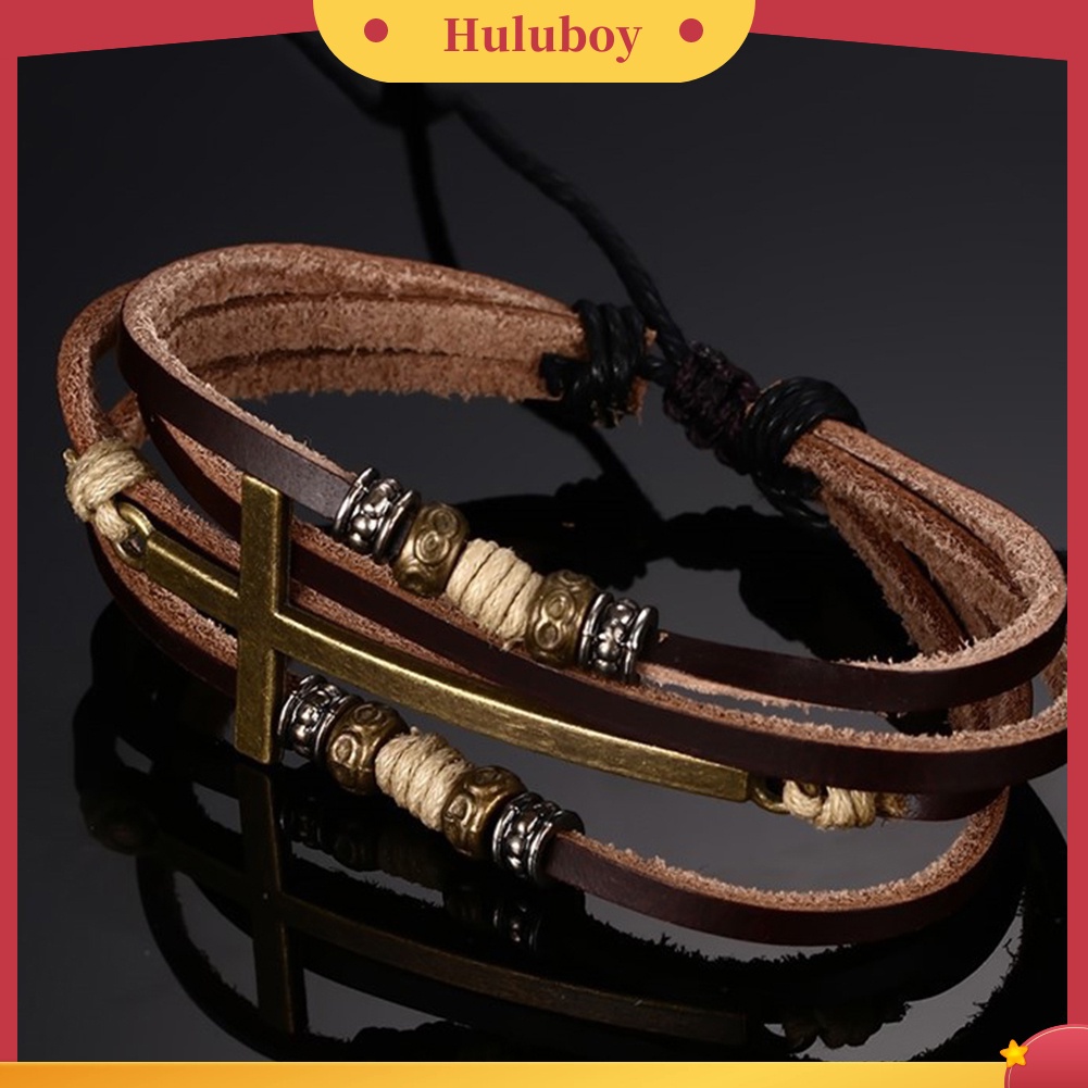 {Ready Stock} Retro Kulit Imitasi Gelang Salib Bangle Wanita Pria Perhiasan Rantai Tali Yang Dapat Disesuaikan