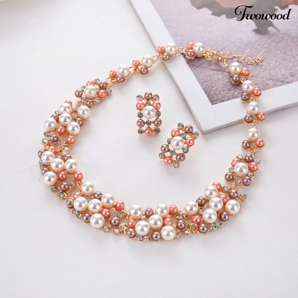 Twowood 2pcs/Set Perhiasan Pernikahan Set Mutiara Imitasi Multi Warna Royal Mewah Permukaan Halus Wanita Kalung Anting Set Perempuan Aksesori