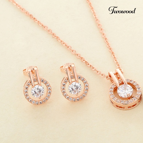 Twowood Women's Zircon Round Pendent Choker Rantai Kalung Anting Set Perhiasan Pernikahan