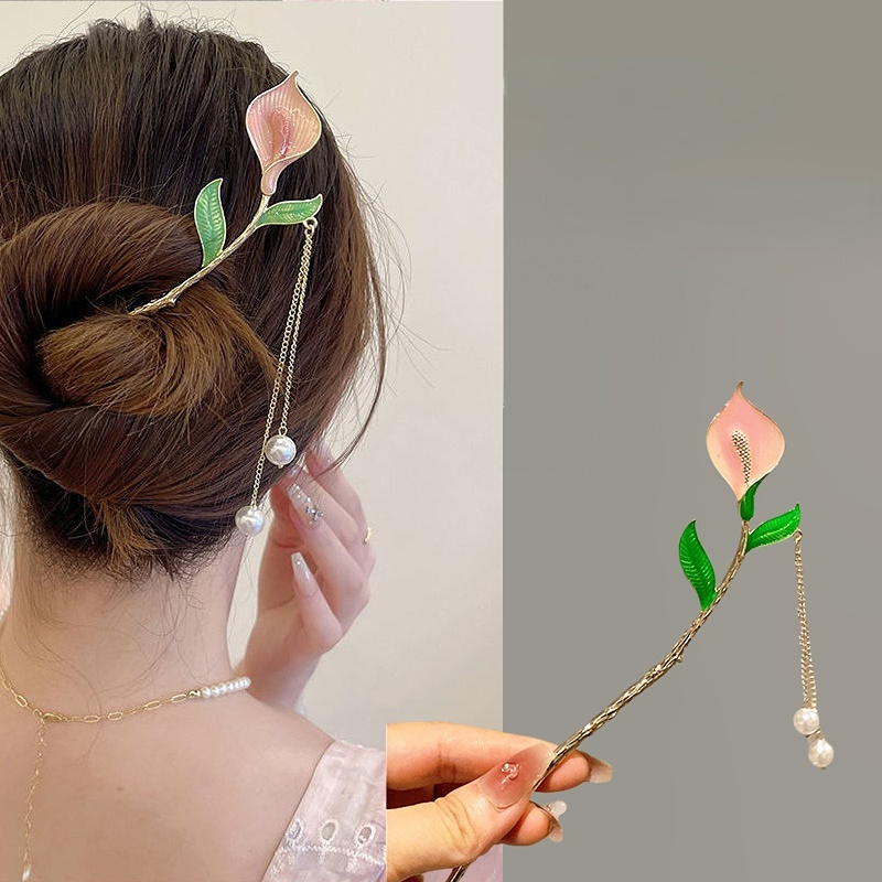 Elegant Chinese Horseshoe Lotus Rumbai Mutiara Kepala Bola Rambut Gaya Kuno Jepit Rambut