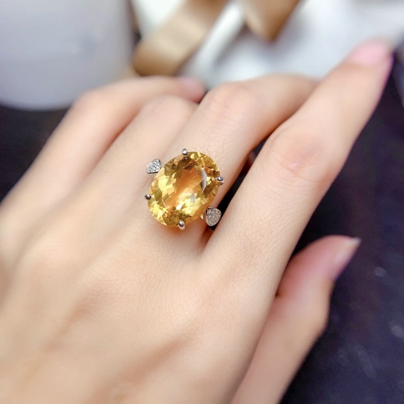 Goldkingdom Aksesoris Perhiasan Fashion Ready Stock Brilliant Berlian Kuning Natural Topaz Cincin Butir Besar Terbuka Caibao Cincin Wanita