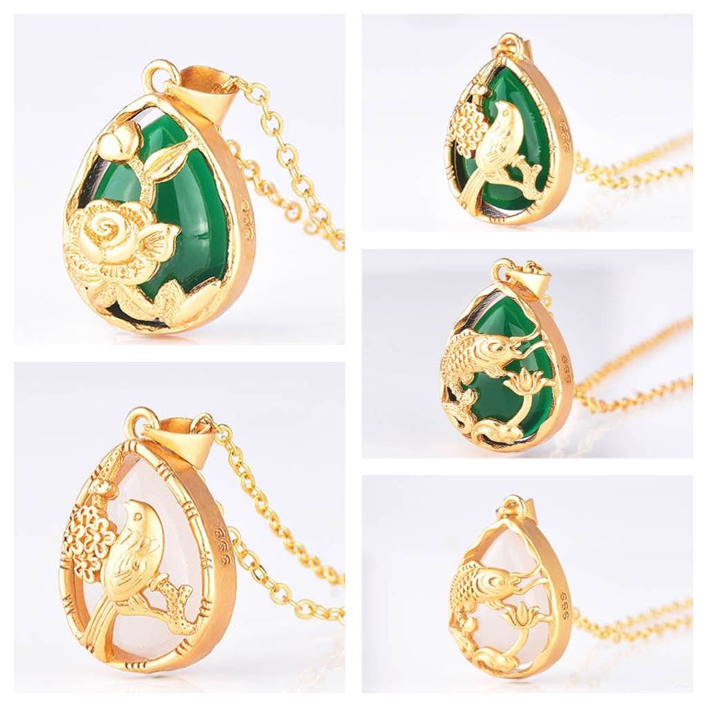 Goldkingdom Fashion Perhiasan Aksesoris Ready Stock Berlapis Emas Lotus Kalung Hotan Giok Ikan Liontin Emas Bertatahkan Giok Burung Bunga Kalung