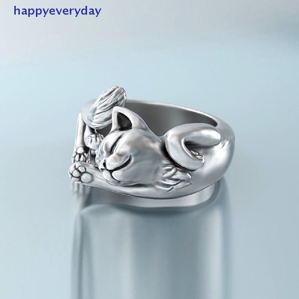 [happy] Perak Disepuh Vintage Lucu Kucing Cincin Wanita Perhiasan Trendi Adjustable Cincin Hadiah Aksesoris Pesta [ID]