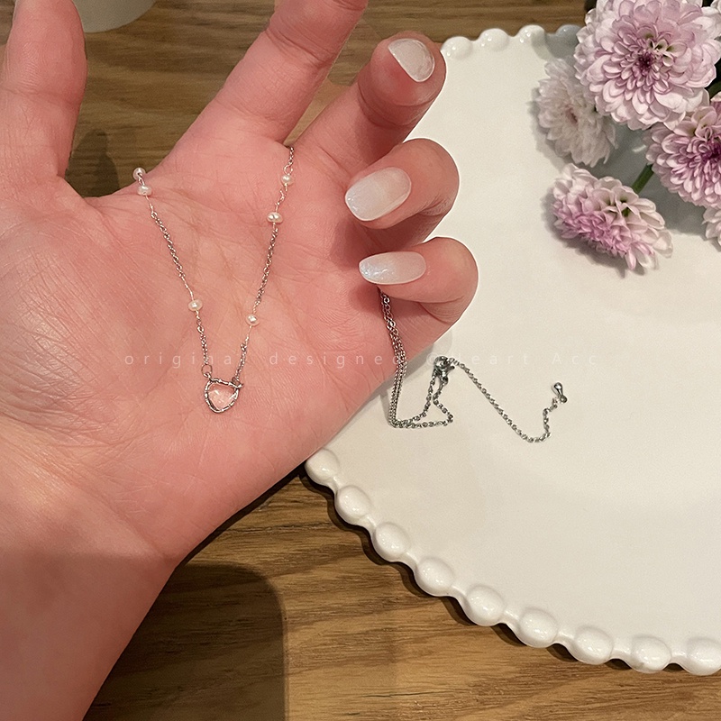 Kalung Liontin Hati Zirkon Pink Elegan Untuk Wanita Mutiara Emas Rantai Choker Aksesoris Perhiasan