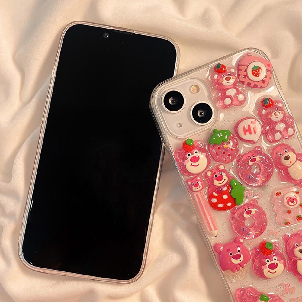 IPHONE Lucu Permen Jelly Warna 3D Strawberry Bear Phone Case Untuk Iphone14 13 12 11 Pro Max Cases Lembut Glitter Transparan Cover