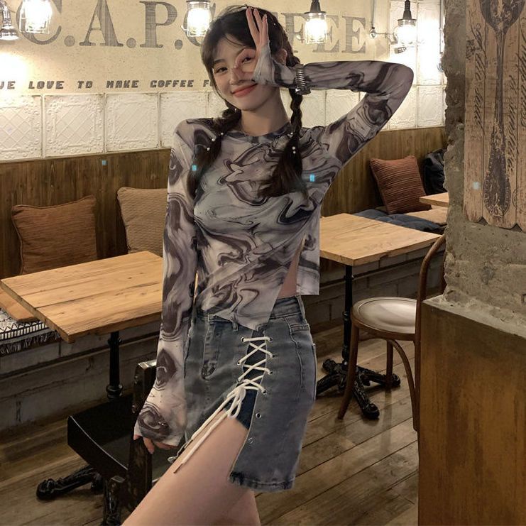 Red Mekar Kepribadian Asimetris Celah Babes Musim Panas Tabir Surya Mesh Lengan Panjang Kemeja T-shirt Pendek Wanita In Top