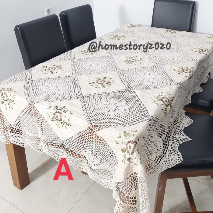 Taplak Meja Makan Kain Katun Ranjut Sulam Pita Segi panjang 6-8kursi - A, 160cmx225cm