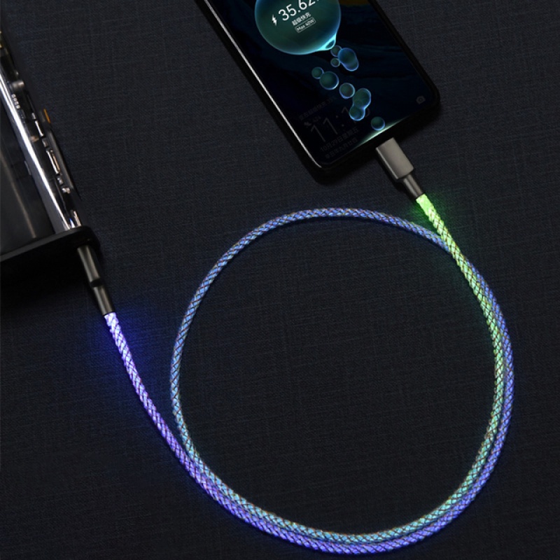 Kabel Data RGB 3in1 Mobil Luminous Breathing Gradient Pengisian Super Cepat Untuk Handphone iPhone Android Type-C