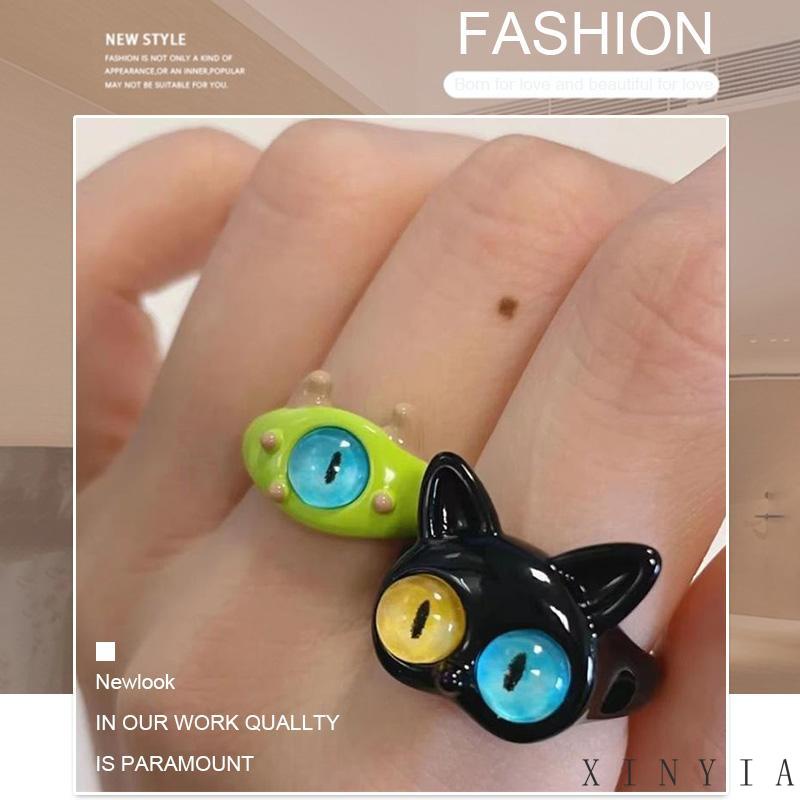 [xinyia.id11] Cincin Monster Kecil Kucing Hitam Lucu Mata Besar Manis Keren Kartun Lovely Girlfriend Couple Ring