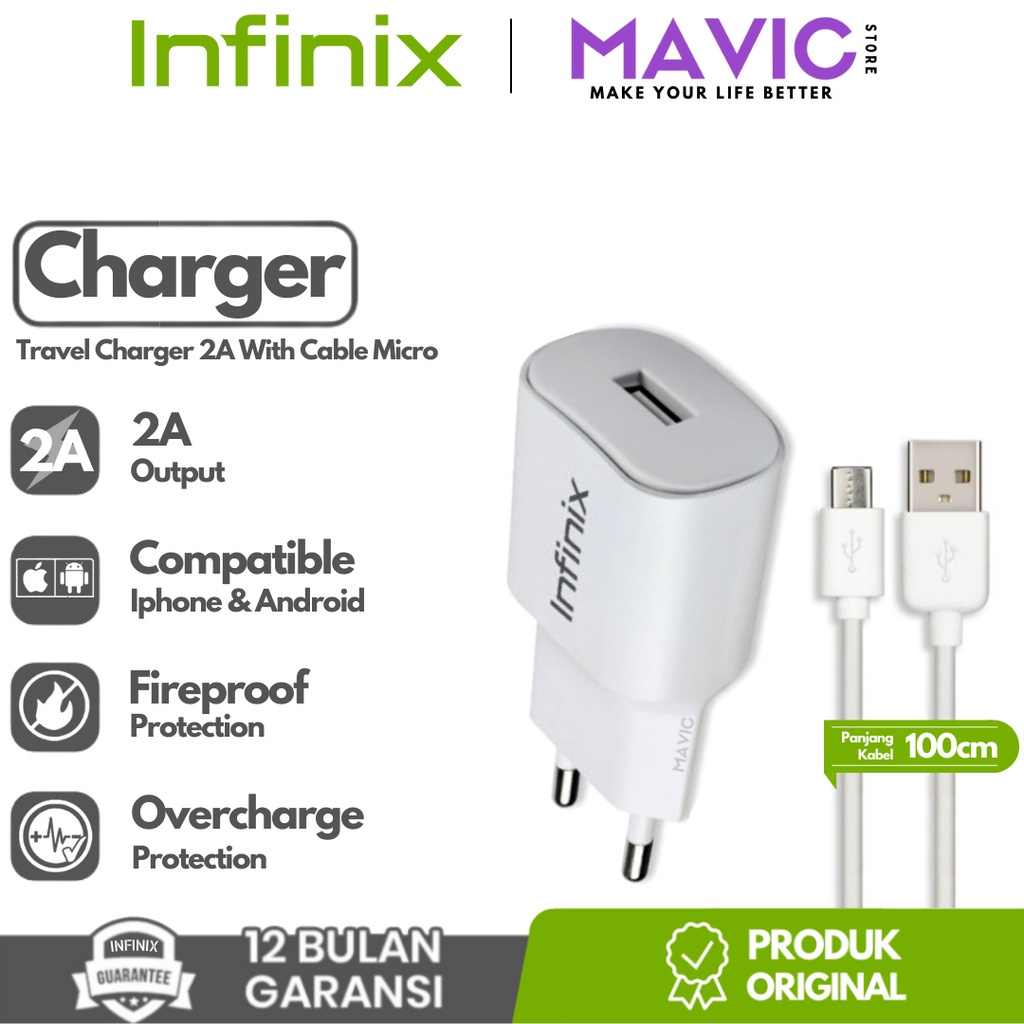 INFINIX XCU32 Chager Charging Adaptor 2A With Cable Mirco 1M Safety Charging - Garansi 1 Tahun oem