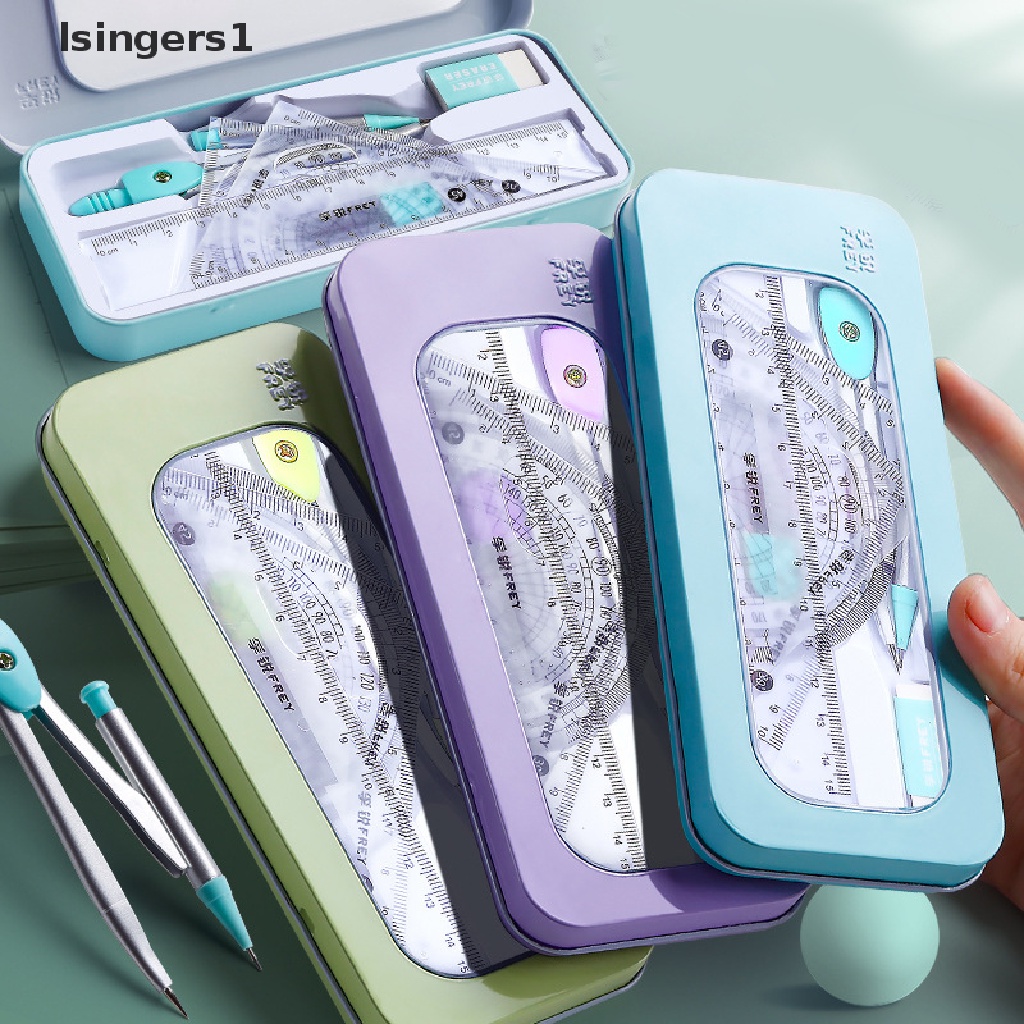 [lsingers1] 7pcs Set Matematika Kompas Untuk Siswa Dengan Kotak Penyimpanan Anti Pecah Kotak Besi Anak Penggaris Segitiga Karet Tin Pensil Case Alat Tulis Siswa Set Perlengkapan Sekolah Butik