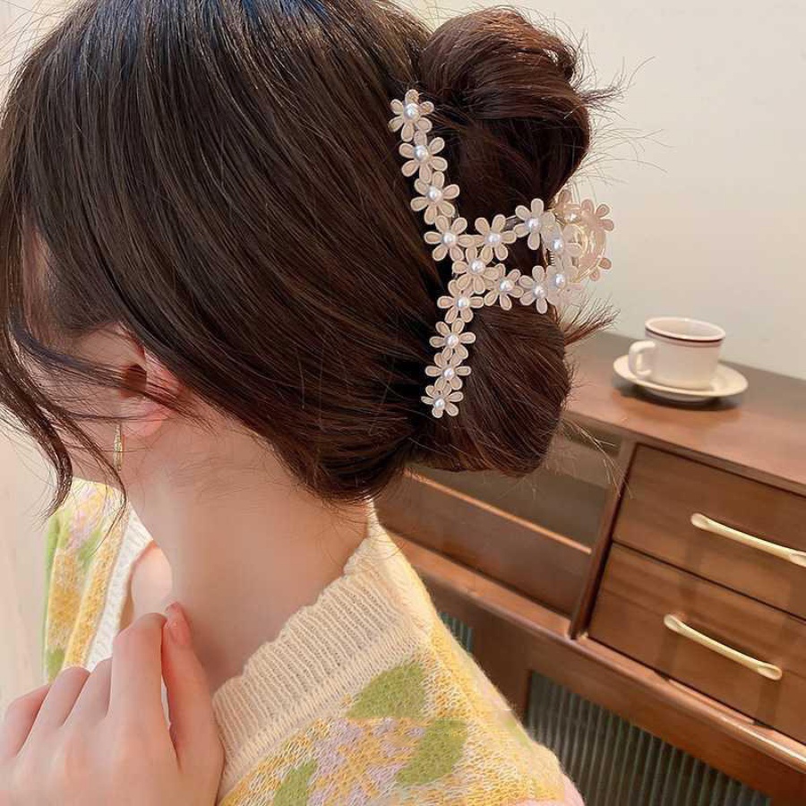 Korea Klip Rambut Bunga Akrilik Mutiara Manis Gadis Jepit Rambut Ponytail Holder Hair Claw Aksesoris Rambut