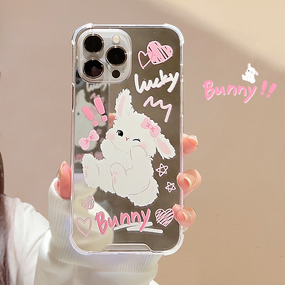 Ins Lucu Kelinci Putih Kartun Make Up Cermin Transparan Case Untuk Iphone SE 2020 7 /8 Plus 14x XR XM 11 12 MINI 13 PRO MAX Casing Cover Pelindung AT0188