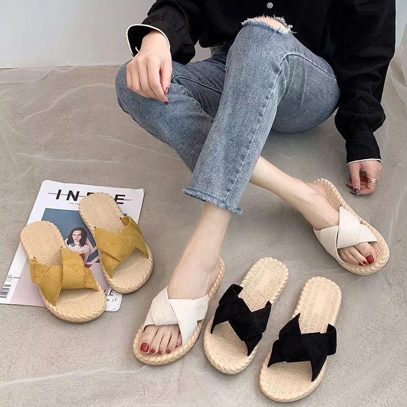 (SD21) Sandal Wanita Suede Model Motif Anyamana Sandal Santai Sandal Rumah