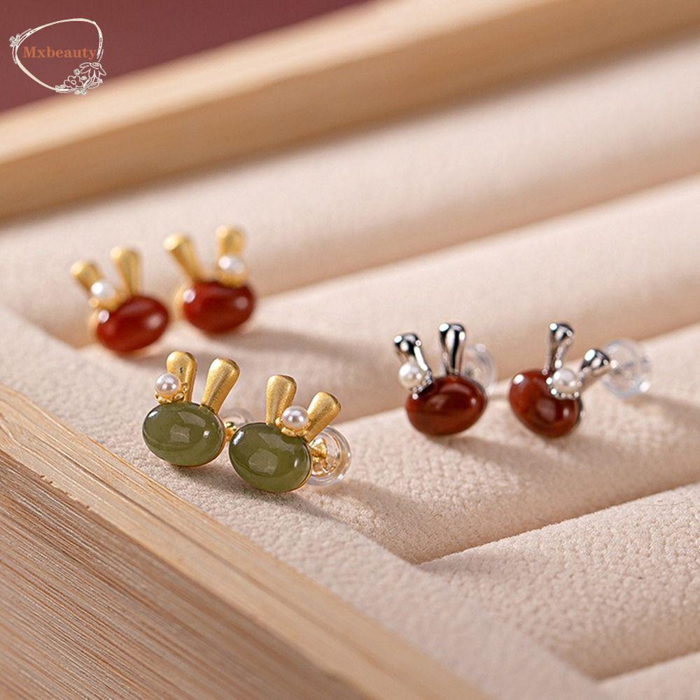 Mxbeauty Hetian Anting Giok Gaya Korea Anting Gadis Sederhana Anting Tahun Baru Anting Mini Batu Akik Anting Minimalis Perhiasan Gaya Cina Hijau Anting Perempuan