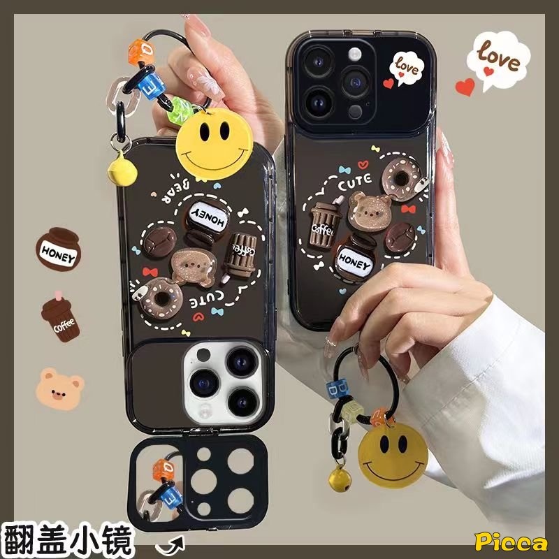 IPHONE Casing Cermin Make Up Flip Kreatif Kompatibel Untuk Iphone13 11 12 14 Pro Max7 8 14 Plus XR X XS MAX SE Kartun Lucu Mainan 3D Beruang Kopi Donat Casing Shockproof Soft Cover