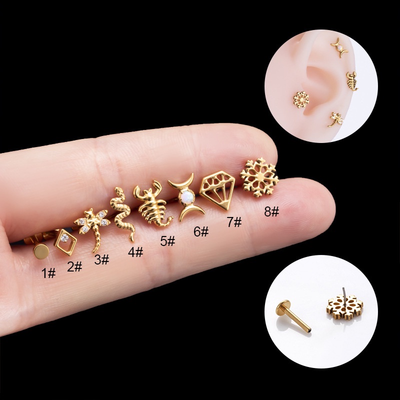 1biji Dragibfkt Snowflake Scorpion Bentuk Bedah G23 Baja Titanium Labretstud Labret Stud Kepala Datar Tindik Bibir Tulang Rawan Helix Tragus Earring Stud