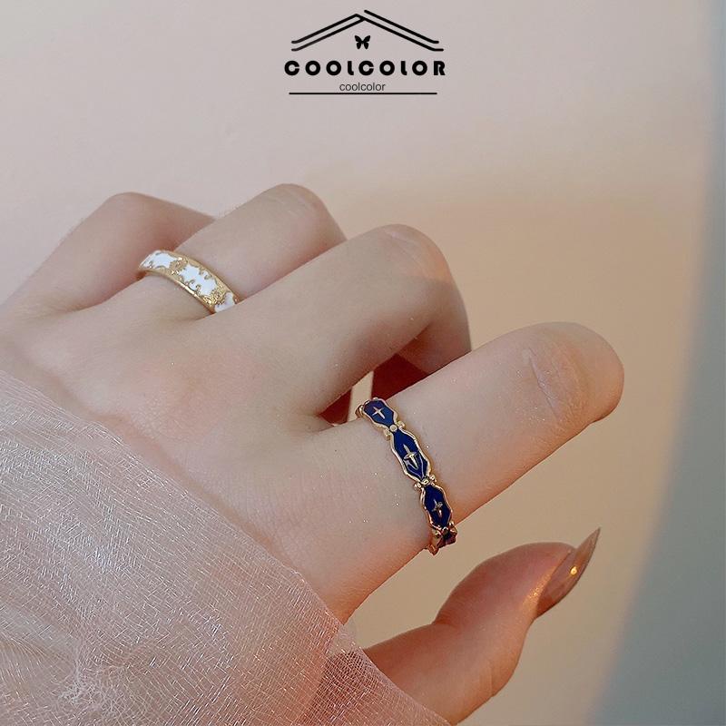 COD❤️Cincin Wanita Gold Gaya Korea disesuaikan Glasir Biru Salib Pola Enamel Untuk Unisex- cl