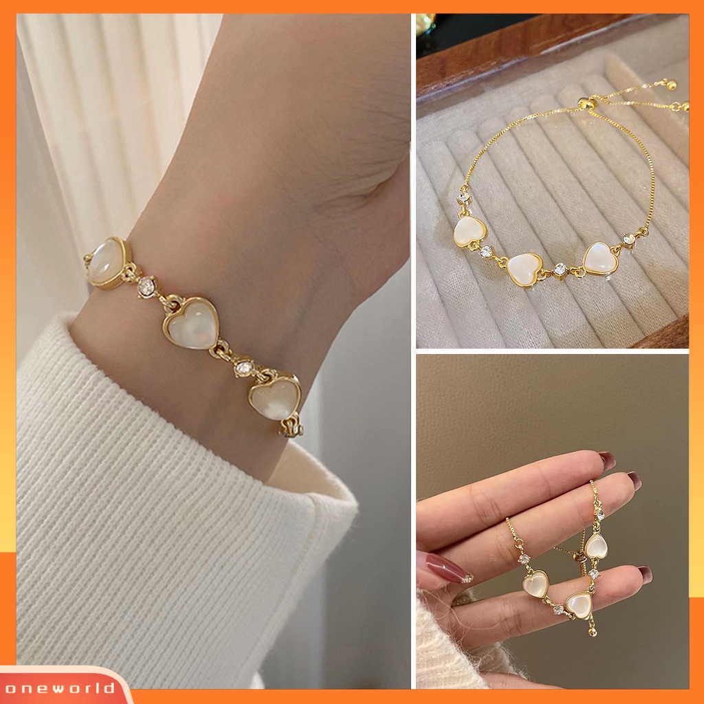 [ONE] Wanita Gelang Shiny Faux Cat Eye Stone Adjustable Golden Elegan Tiga Cinta Hati Pesona Wanita Bangle Fashion Perhiasan