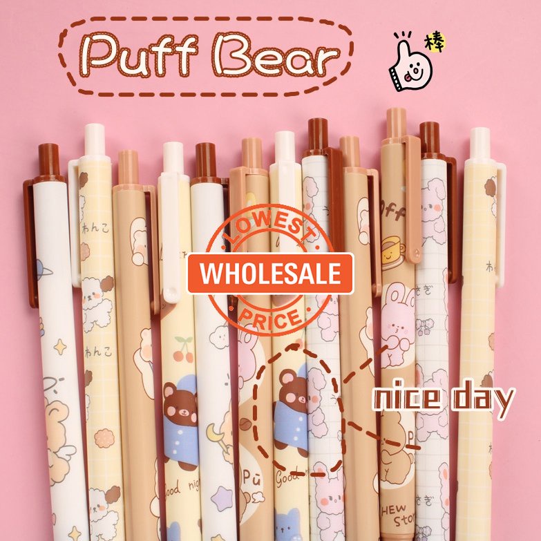 [Harga Grosir] 1pc Random Puff Bear Press Pen Kartun Lucu Kelinci Anjing Pulpen Tinta Hitam 0.5mm Gel Pen Tulisan Harian Pena Ujian Peluru Nib Pena Ditarik Siswa Korea Alat Tulis