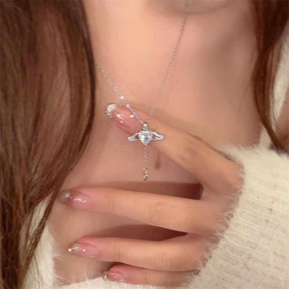 Korea Aesthetic Romantis Cupid Heart Love Sayap Malaikat Zirkon Cinta Hati Liontin Kalung Trendi Minimalis Rantai Ulang Tahun Pernikahan Berkah Perhiasan Untuk Wanita Hadiah