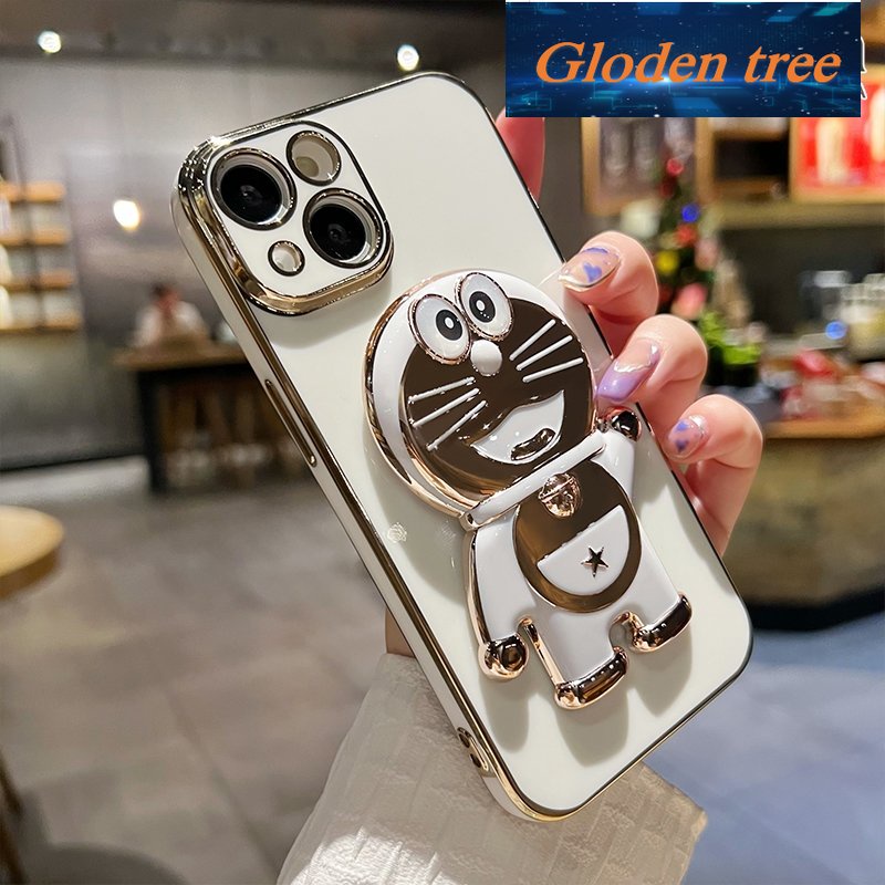 Gloden tree Casing Untuk vivo Y77 Y77E Y75 5g Y55 5g iqoo z6 Lite 5g Case Fashion Kartun Doraemon Stand Lipat Casing Ponsel Electroplating Shockproof Phone Holder Case