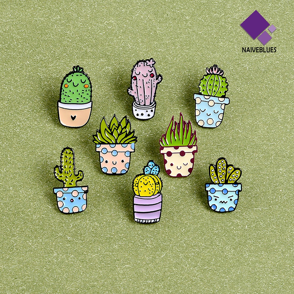 &lt; Naiveblues &gt; 8Pcs Pin Kerah Pot Tanaman Enamel Halus Kaktus Lidah Buaya Lencana Untuk Pakaian