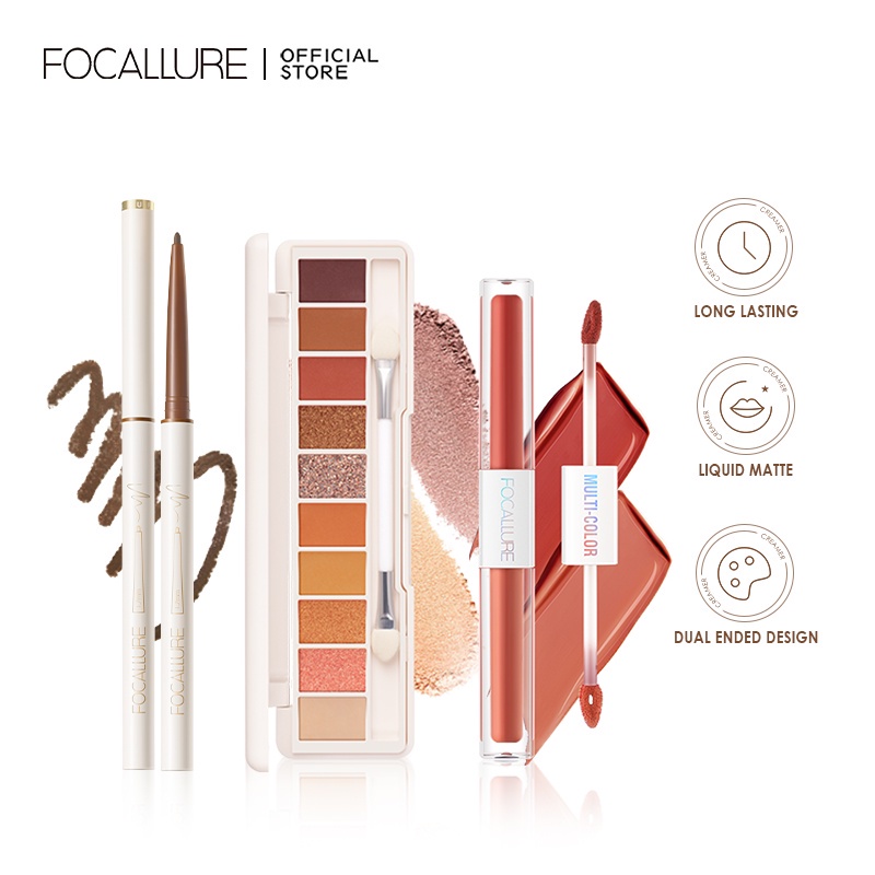 FOCALLURE 3PCS Makeup Beauty Sets 2 IN 1 Lipstick Matte Shimmer Eyeshadow Palette Eyeliner