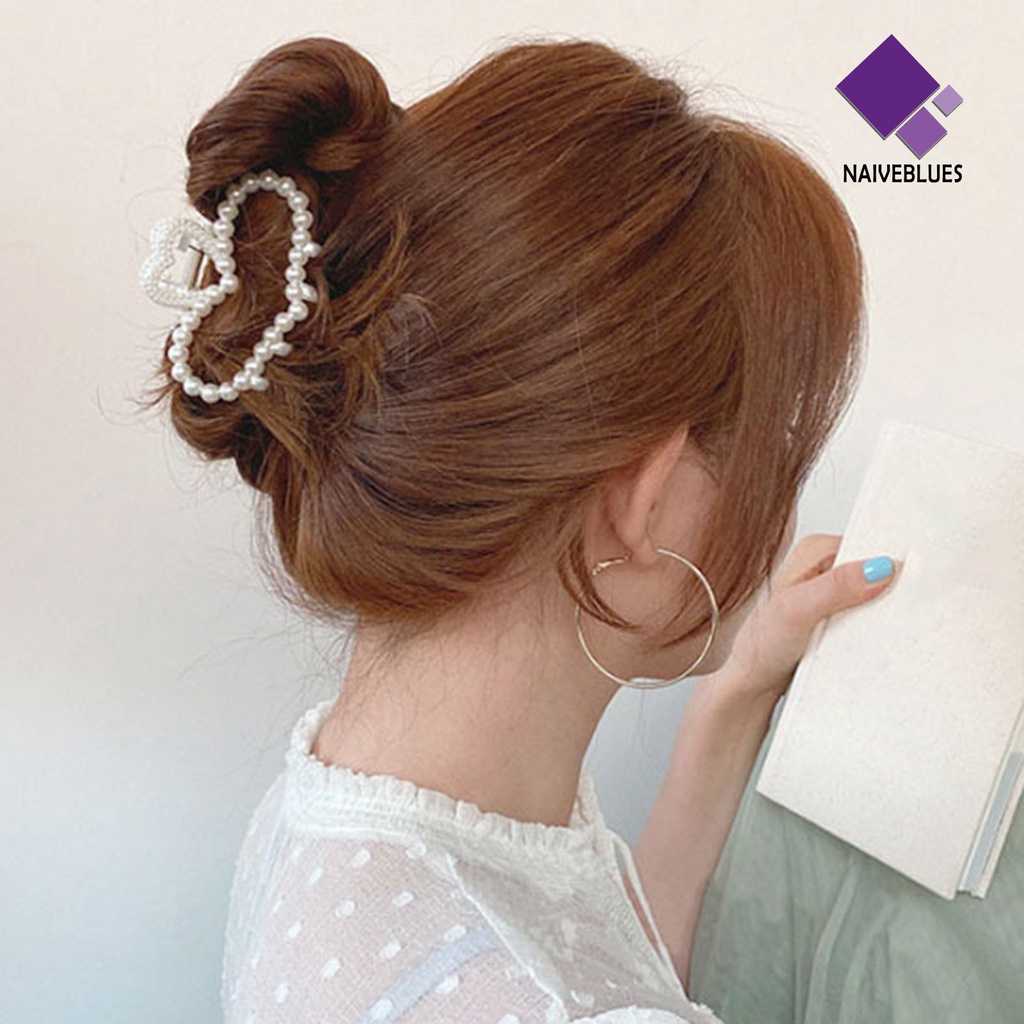 &lt; Naiveblues &gt; Hair Claw Aksesoris Rambut Elegan Mutiara Imitasi Holder Rahang Besar Untuk Styling Rambut