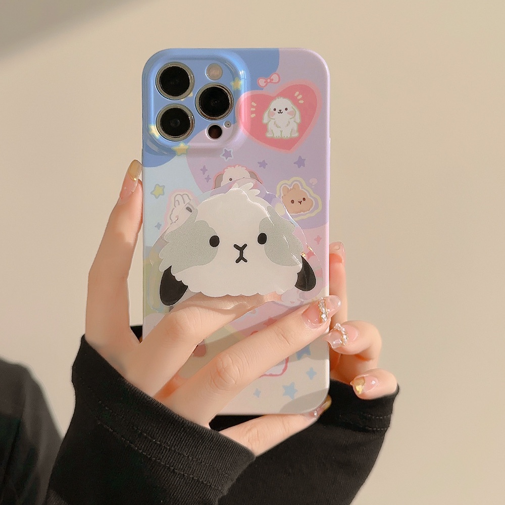 IPHONE Ins Kartun Lucu Lop-eared rabbit Hard Phone Case Film Cover Dengan Bunny Holder Untuk Iphone7 8 PLUS X XR XS 11 12 13 14 PRO MAX SE 2020