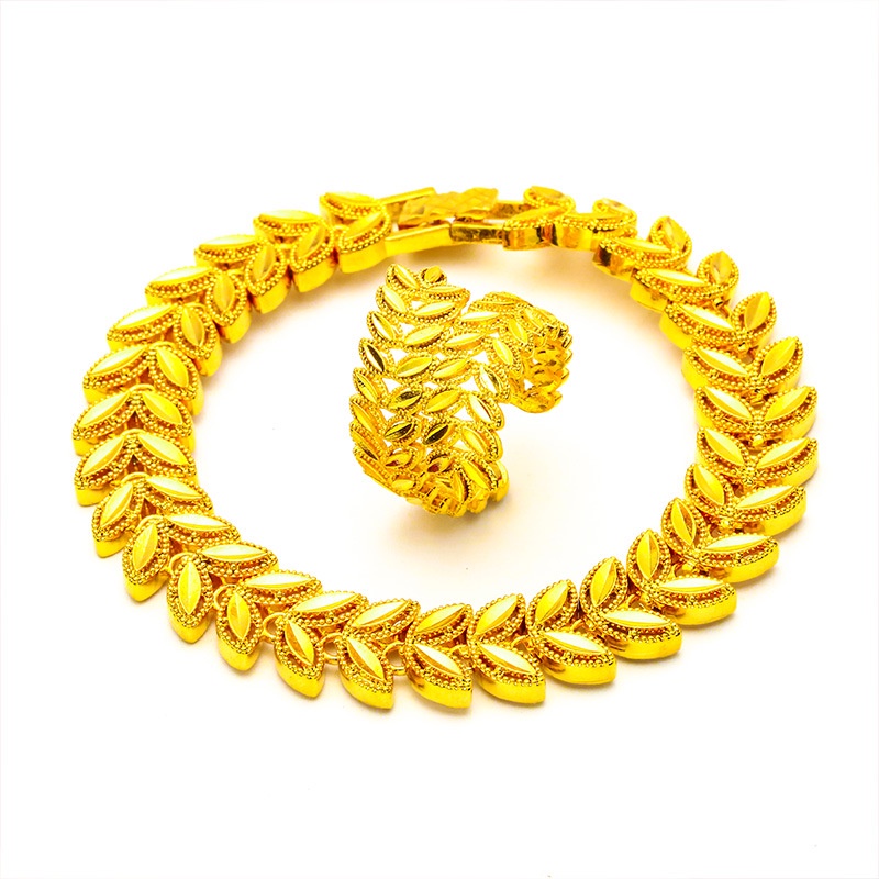 Goldkingdom Perhiasan Fashion 24K Bangkok Aksesoris Ready Stock Tepi Lebar Menebal Gelang Tebal Wanita Cincin 12 mm Gelang Set