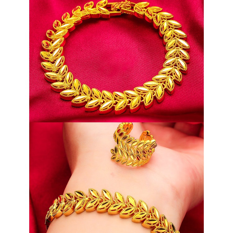 Goldkingdom Perhiasan Fashion 24K Bangkok Aksesoris Ready Stock Tepi Lebar Menebal Gelang Tebal Wanita Cincin 12 mm Gelang Set