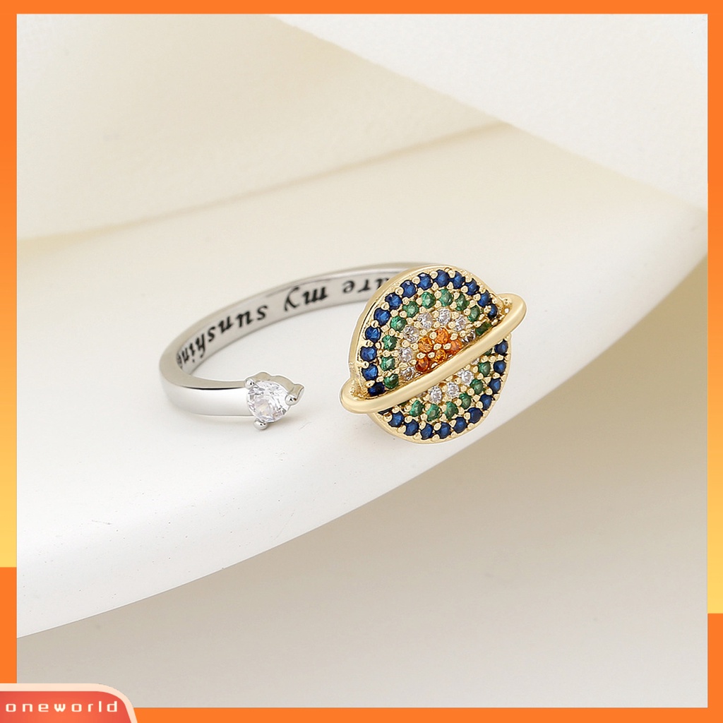 [EONE] Cincin Terbuka Bersinar Dapat Diputar Warna-Warni Cubic Zirconia Huruf Berlian Imitasi Pereda Kecemasan Desain Planet Wanita Fidget Anti Kecemasan Cincin Perhiasan Aksesori