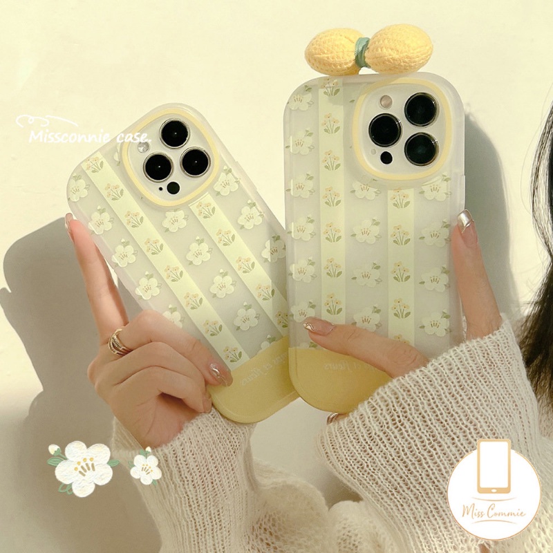 IPHONE 3d Bow-knot Hias Case Kompatibel Untuk Iphone11 14 13 12 Pro Max 7Plus XR 11 Pro Max X7 8 6 6s Plus XS Max SE 2020 INS Fashion Retro Bunga Kuning Telepon Lembut Tpu Cover