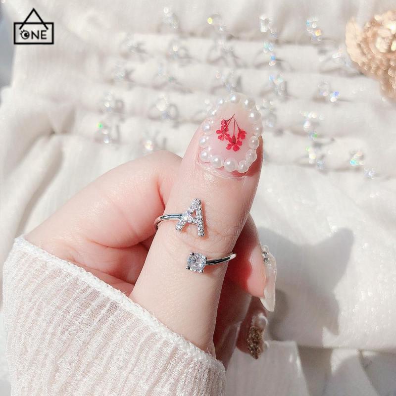 COD❤️Cincin Model Terbuka Desain 26 Huruf Bahan Alloy Aksen Berlian Imitasi Untuk Wanita-A.one