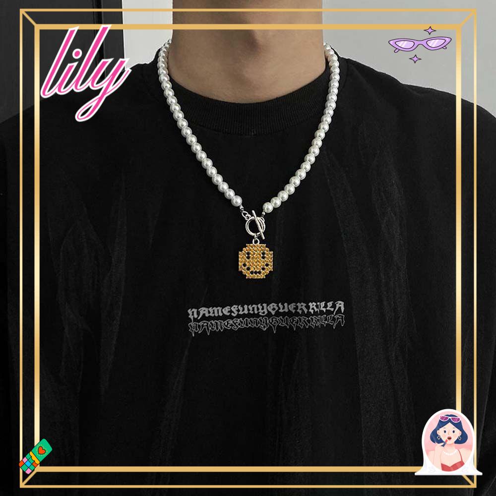 Lily Smiley Pendant Kalung Pasangan Pesona Minimalis Manik-Manik Mutiara Imitasi Rantai Kuba Chain Choker Smiley Face Liontin Pria Kalung