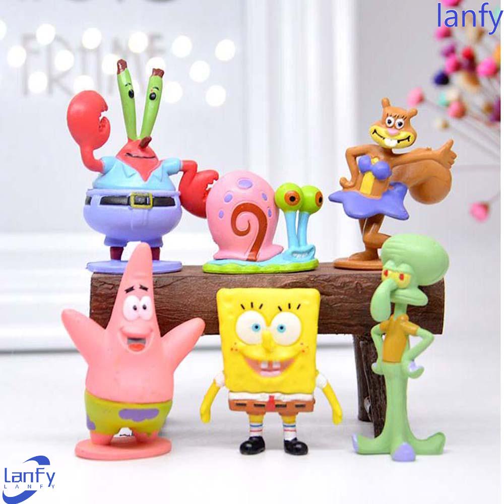 STAR COLLECTION Lanfy Action Figurine 3-6cm Patung Mainan Anak Patrick Star Koleksi Model Dekorasi Desktop Bos Kepiting Ornamen Rumah Model Anime SpongeBob