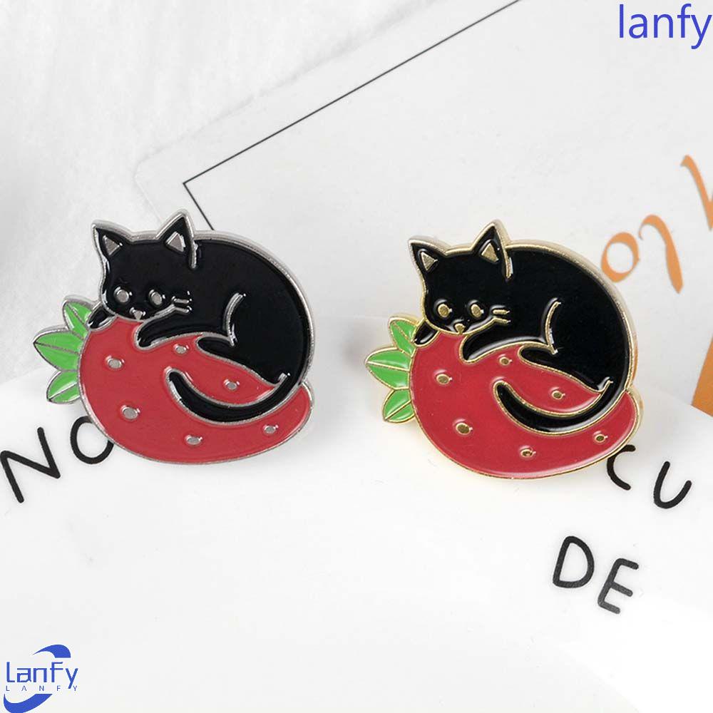 Lanfy Kucing Bros Hadiah Untuk Wanita Pria Kerah Bros Perhiasan Aksesoris Kucing Hitam Strawberry Lencana Pin Enamel Pin