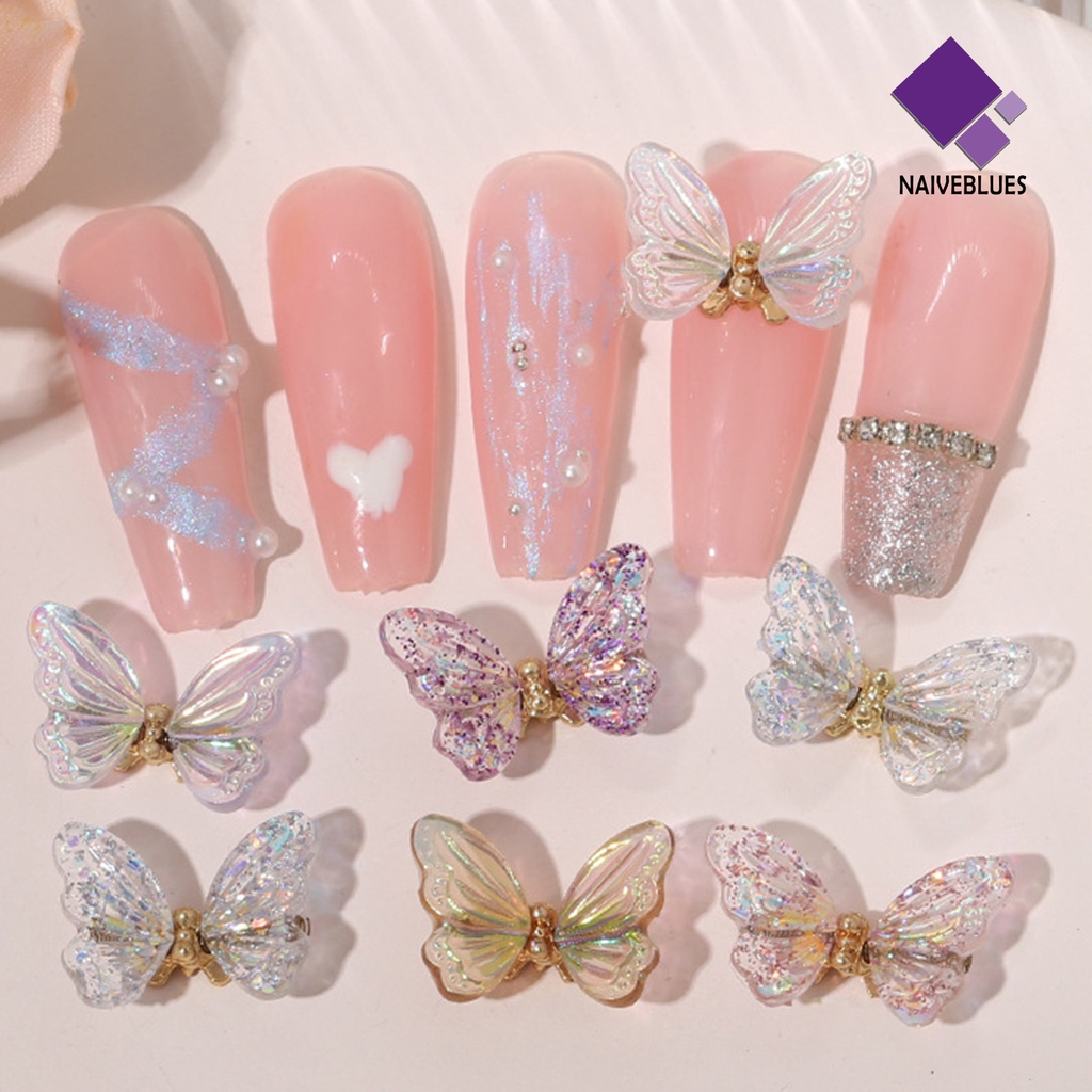 [naiveblues] 10 Pcs Butterfly Nail Charms Berwarna Bersinar Sequin Resin Indah DIY Aksesoris Kuku 3D