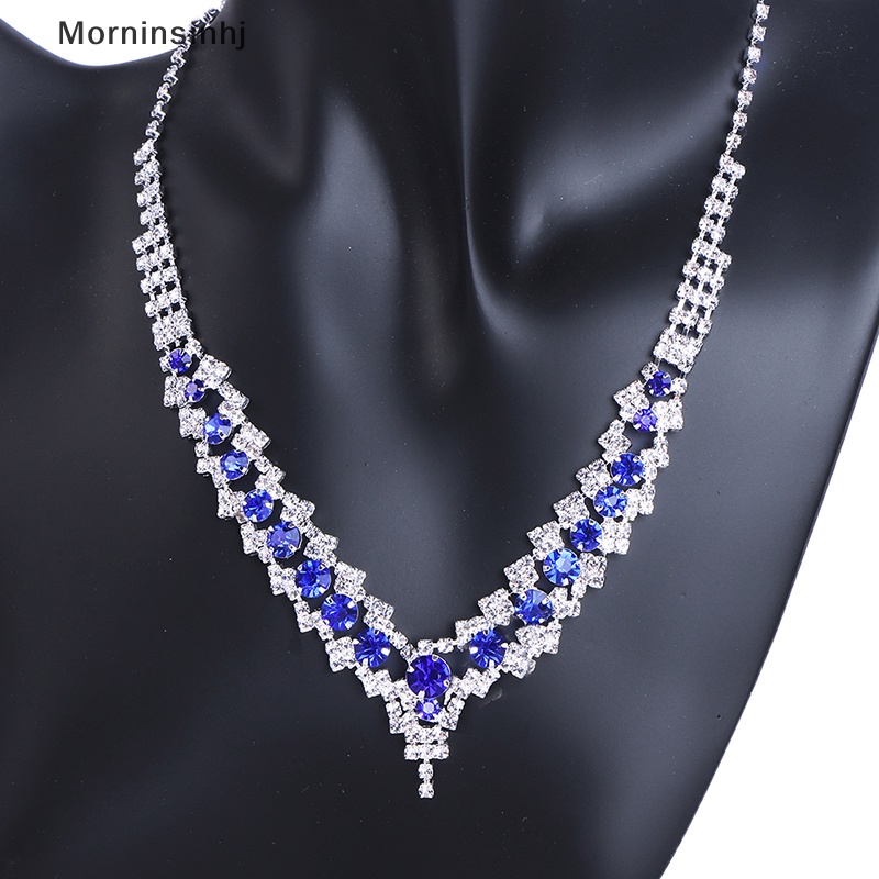 Mornin Set Perhiasan Pengantin Pernikahan Kristal Berlian Imitasi Biru Elegan Untuk Wanita V Bentuk Choker Kalung Anting Set id