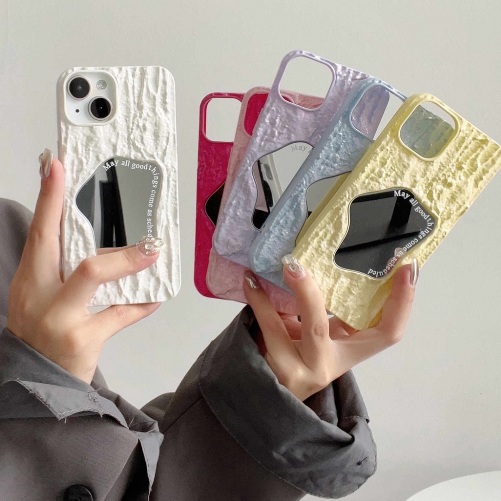 Case Cermin Warna Cream Untuk iPhone 14 Pro Max11 13 12 Pro Max14 Plus Batu Grain Hard Casing iPhone Shockproof Back Cover