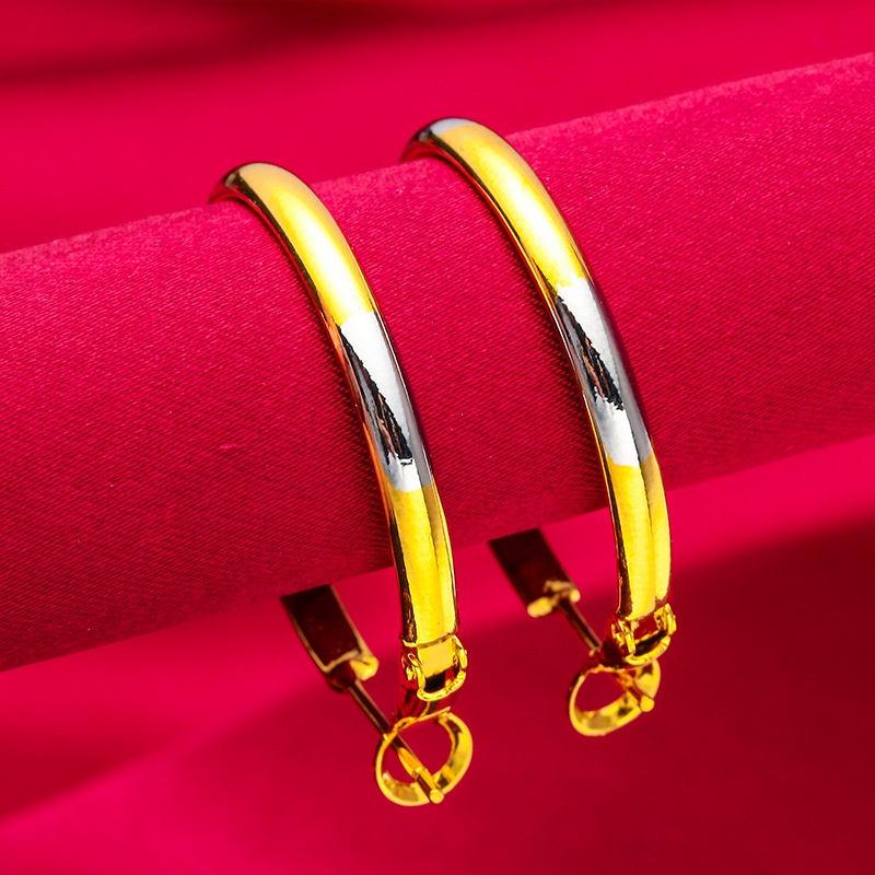 Goldkingdom Aksesoris Perhiasan Fashion Ready Stock Tepi Lebar Wajah Halus Anting Emas Dan Perak Dua Warna Wanita 30mm Anting