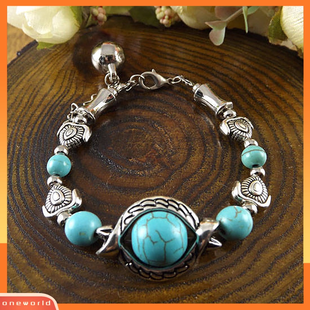 [EONE] Kupu-kupu Dekorasi Adjustable Unisex Gelang Alloy Handmade Turquoises Beads Retro Gelang Perhiasan Aksesoris